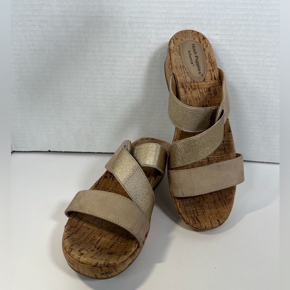 Hush Puppies Bounce COCO Beige Leather Sandals 8M Cork Wedge Slides Comfort